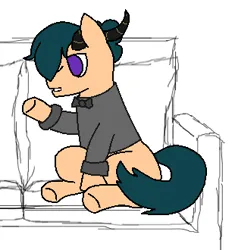 Size: 310x330 | Tagged: safe, artist:sha, derpibooru import, oc, oc:jackson, unofficial characters only, earth pony, pony, bowtie, clothes, couch, green hair, horn, image, male, png, purple eyes, simple background, sitting, sketch, solo, talking, white background