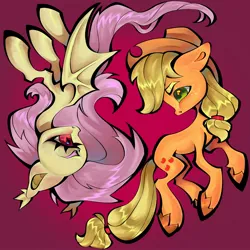 Size: 2048x2048 | Tagged: safe, alternate version, artist:broniesforponies, derpibooru import, applejack, fluttershy, bat pony, earth pony, pony, g4, bat ponified, duo, duo female, female, flutterbat, full body, image, jpeg, looking at each other, looking at someone, race swap, yin-yang