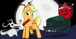 Size: 2226x1156 | Tagged: safe, artist:sallycars, derpibooru import, applejack, dog, earth pony, ghost, pony, undead, g4, antlers, coffin, crossover, female, food, full moon, ghost dog, horse collar, image, mare, moon, png, reindeer antlers, sleigh, strawberry, the nightmare before christmas, zero (the nightmare before christmas)