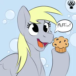 Size: 1920x1920 | Tagged: safe, artist:vendette, derpibooru import, derpy hooves, pegasus, pony, g4, bubble, bubble background, bust, cute, derpabetes, female, food, image, mare, muffin, no iris, offering, open mouth, open smile, png, portrait, smiling, speech bubble