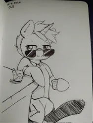 Size: 1538x2048 | Tagged: safe, artist:taurson, derpibooru import, oc, oc:coffee, unofficial characters only, pony, unicorn, glass, grayscale, hoof hold, horn, image, jpeg, magnetic hooves, male, monochrome, oc-tober, pen drawing, stallion, sunglasses, traditional art