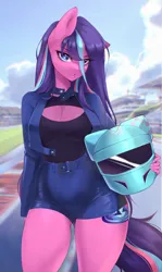 Size: 2239x3760 | Tagged: artist needed, source needed, safe, derpibooru import, oc, oc:serenity pond, unofficial characters only, anthro, boob window, breasts, cleavage, clothes, cloud, eye clipping through hair, eyebrows, eyebrows visible through hair, female, helmet, image, jacket, long hair, looking at you, multiple variants, open clothes, open jacket, png, race track, shorts, solo, wide hips