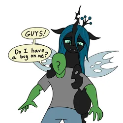 Size: 2000x1999 | Tagged: safe, artist:vomitvomiting, derpibooru import, queen chrysalis, oc, oc:anon, ponified, changeling, human, pony, g4, drawthread, duo, image, png, requested art, simple background, white background