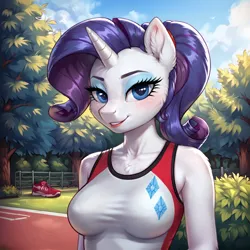 Size: 2400x2400 | Tagged: safe, ai content, derpibooru import, machine learning generated, prompter:infernum, stable diffusion, rarity, anthro, unicorn, g4, blushing, bush, clothes, cloud, day, generator:pony diffusion v6 xl, grass, horn, image, looking at you, park, png, shirt, sky, smiling, smiling at you, standing, tree