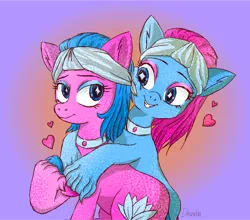 Size: 1800x1586 | Tagged: safe, artist:dacratei, derpibooru import, aloe, lotus blossom, earth pony, g4, abstract background, choker, eyeshadow, happy, headwrap, heart, hug, image, makeup, png, signature, smiling, spa twins, starry eyes, unshorn fetlocks, wingding eyes