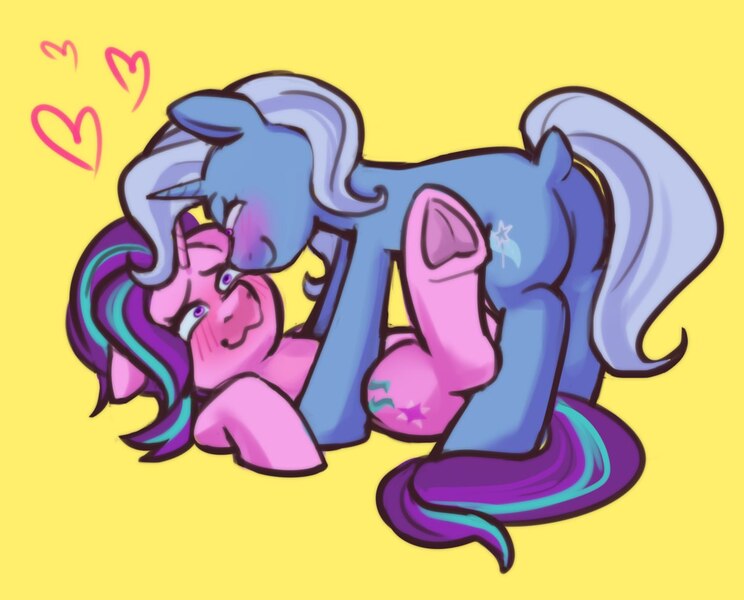 Size: 1280x1032 | Tagged: safe, artist:zigmeow, derpibooru import, starlight glimmer, trixie, pony, unicorn, g4, blushing, duo, duo female, female, horn, image, jpeg, lesbian, looking at each other, looking at someone, shipping, simple background, startrix, yellow background