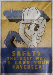 Size: 849x1200 | Tagged: safe, artist:xallaanacyoxcyor, derpibooru import, oc, unofficial characters only, earth pony, pony, clothes, female, hard hat, hat, image, jpeg, mare, poster, poster parody, solo