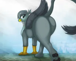 Size: 3500x2800 | Tagged: safe, artist:index3, derpibooru import, gabby, gryphon, g4, butt, female, high res, image, looking back, outdoors, paws, plot, png, solo, tail, the ass was fat, underpaw, wings