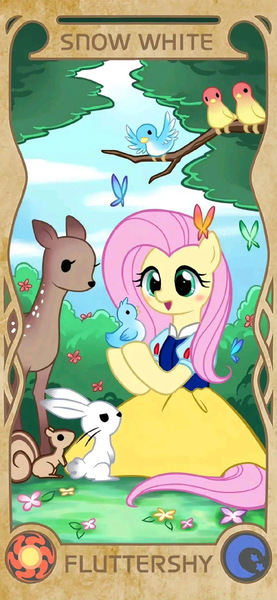 Size: 960x2077 | Tagged: source needed, safe, artist:apzzang, derpibooru import, fluttershy, bird, butterfly, deer, insect, pegasus, pony, rabbit, squirrel, g4, animal, clothes, cloud, cute, disney style, dress, female, flower, grass, image, jpeg, snow white, solo, tree