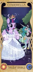 Size: 960x2077 | Tagged: source needed, safe, artist:apzzang, derpibooru import, princess celestia, twilight sparkle, twilight sparkle (alicorn), alicorn, pony, g4, cinderella, clothes, crown, cute, disney style, dress, duo, duo female, female, hat, image, jewelry, jpeg, night, regalia, spread wings, tree, wings