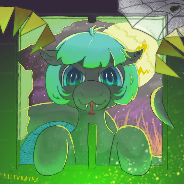 Size: 2500x2500 | Tagged: safe, artist:bilivrayka, derpibooru import, oc, oc:marigold blossom, unofficial characters only, lamia, original species, pony, snake, snake pony, blue eyes, fangs, female, halloween, holiday, image, looking at you, mare, moon, png, snake tail, solo, spider web, tail, tongue out