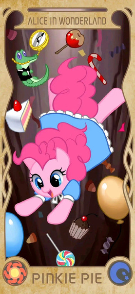 Size: 960x2077 | Tagged: source needed, safe, artist:apzzang, derpibooru import, gummy, pinkie pie, earth pony, pony, g4, alice in wonderland, balloon, cake, candy, clothes, cute, disney style, dress, falling, female, food, image, jpeg, solo