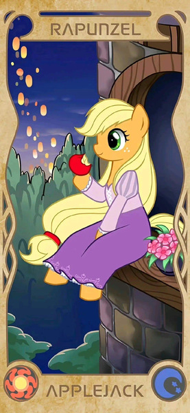 Size: 960x2077 | Tagged: source needed, safe, artist:apzzang, derpibooru import, applejack, pony, g4, apple, clothes, cute, disney style, dress, female, flower, food, image, jpeg, light, rapunzel, sitting, solo, tower, tree