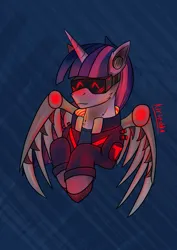 Size: 2480x3508 | Tagged: safe, artist:kirieshka, derpibooru import, twilight sparkle, alicorn, unicorn, g4, amputee, artificial wings, augmented, cyberpunk, cyberpunk 2077, headphones, horn, image, implants, iron wings, mechanical wing, png, prosthesis, prosthetic limb, prosthetics, red, red eyes, visor, wings