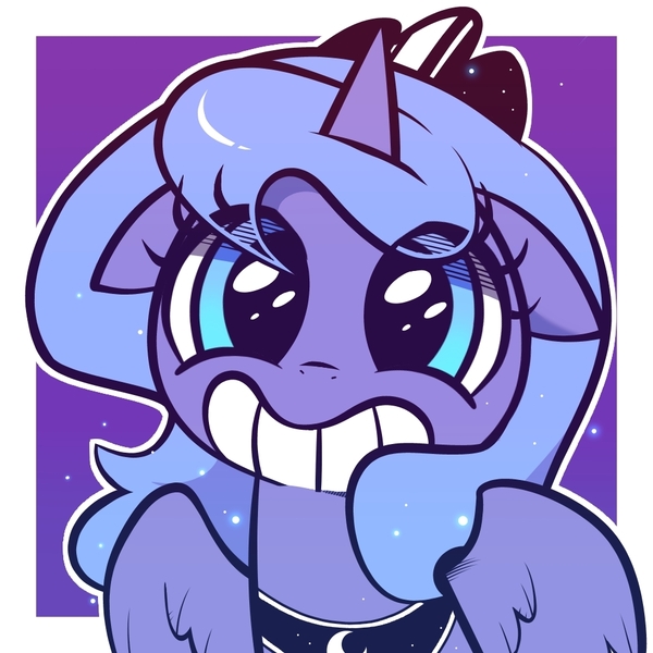 Size: 1000x1000 | Tagged: safe, artist:duvivi, derpibooru import, princess luna, alicorn, pony, crown, cute, female, filly, filly luna, foal, gradient background, grin, image, jewelry, jpeg, looking at you, lunabetes, out of frame, outline, passepartout, purple background, regalia, simple background, smiling, solo, sparkles, spread wings, upper body, white outline, wings, woona, younger