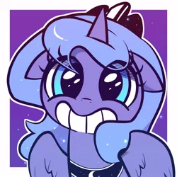 Size: 1000x1000 | Tagged: safe, artist:duvivi, derpibooru import, princess luna, alicorn, pony, crown, cute, female, filly, filly luna, foal, gradient background, grin, image, jewelry, jpeg, looking at you, lunabetes, out of frame, outline, passepartout, purple background, regalia, simple background, smiling, solo, sparkles, spread wings, upper body, white outline, wings, woona, younger