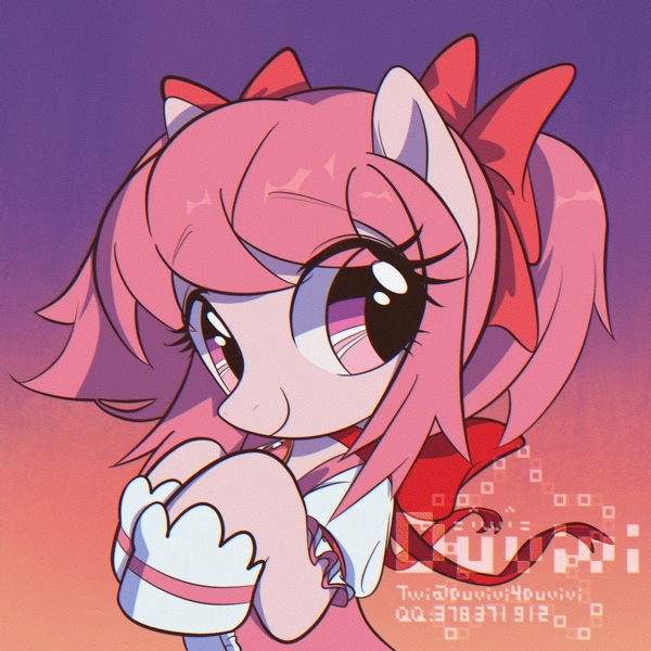 Size: 2000x2000 | Tagged: safe, artist:duvivi, derpibooru import, ponified, pony, anime, bow, clothes, cute, female, hair bow, high res, image, jpeg, madoka kaname, magical girl, mare, puella magi madoka magica, ribbon, smiling, solo