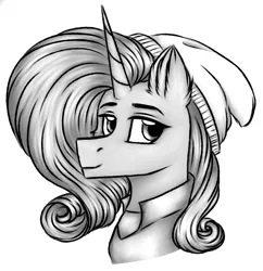 Size: 1407x1456 | Tagged: safe, artist:darklight1315, derpibooru import, oc, oc:mayday, unofficial characters only, pony, unicorn, fallout equestria, beanie, black and white, fallout equestria: mayday, female, grayscale, hat, horn, image, mare, monochrome, png, simple background, solo, white background