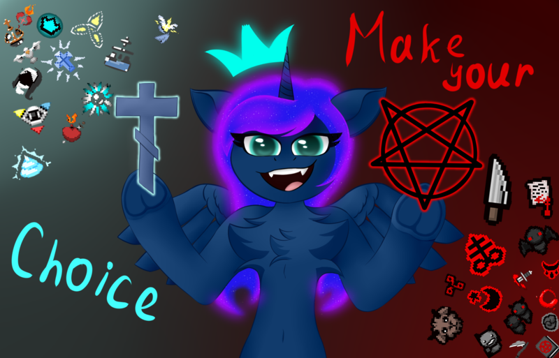 Size: 1920x1231 | Tagged: safe, artist:twinky, derpibooru import, princess luna, alicorn, pony, semi-anthro, g4, chest fluff, cross, crown, female, horn, image, jewelry, looking at you, mare, pentagram, png, regalia, smiling, solo, the binding of isaac, wings