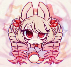 Size: 1280x1209 | Tagged: safe, artist:seurnik, derpibooru import, oc, unofficial characters only, earth pony, rabbit, animal, blonde hair, bunny ears, bust, curly mane, cute, digital art, food, image, jpeg, long hair, ponysona, portrait, red eyes, solo, stars, strawberry