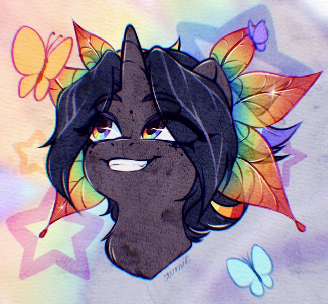 Size: 1280x1186 | Tagged: safe, artist:seurnik, derpibooru import, oc, unofficial characters only, butterfly, insect, pony, unicorn, bow, bust, dark hair, dark skin, digital art, female, horn, image, jpeg, mare, portrait, rainbow, rainbow eyes, short hair, smiling, solo