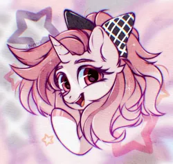 Size: 1280x1209 | Tagged: safe, artist:seurnik, derpibooru import, oc, unofficial characters only, unicorn, bow, bust, cute, digital art, fluttershy eyes, horn, image, jpeg, pink coat, pink eyes, pink mane, ponytail, portrait, smiling, solo, stars, stylized, wavy mane