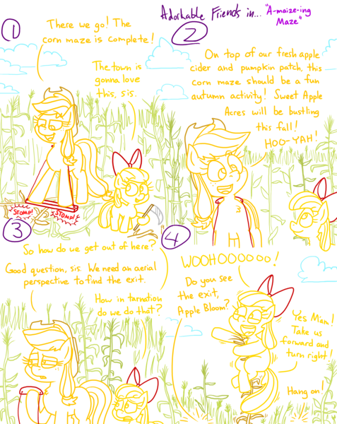 Size: 4779x6013 | Tagged: safe, artist:adorkabletwilightandfriends, derpibooru import, apple bloom, applejack, pony, comic:adorkable twilight and friends, g4, adorkable, adorkable friends, autumn, bow, cloud, comic, corn, corn maze, cute, dork, excited, farm, female, field, filly, foal, food, hanging, happy, image, maze, png, riding, scythe, silly, slice of life, smiling, stomping, sweet apple acres, working