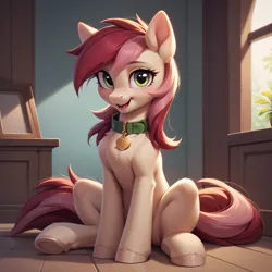 Size: 1024x1024 | Tagged: safe, ai content, derpibooru import, machine learning generated, prompter:doom9454, stable diffusion, roseluck, earth pony, pony, g4, collar, cute, generator:pony diffusion v6 xl, happy, image, jpeg, looking at you, open mouth, open smile, pet tag, pony pet, rosepet, sitting, smiling, solo