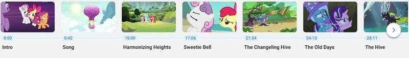 Size: 1249x178 | Tagged: safe, derpibooru import, screencap, apple bloom, pharynx, scootaloo, starlight glimmer, sweetie belle, terramar, trixie, twilight sparkle, g4, cutie mark crusaders, image, jpeg, screenshots, thumbnail, title