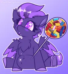 Size: 2000x2200 | Tagged: safe, artist:shad0w-galaxy, derpibooru import, oc, oc:shadow galaxy, unofficial characters only, pegasus, pony, belly, belly button, belly fluff, blushing, cheek fluff, chest fluff, cute, drool, ear fluff, ethereal mane, female, gradient background, high res, image, lego, mare, png, sitting, solo, starry eyes, starry mane, starry tail, tail, wingding eyes