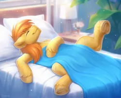 Size: 2048x1656 | Tagged: safe, artist:scheadar, derpibooru import, braeburn, earth pony, pony, g4, bed, eyes closed, frog (hoof), image, jpeg, lying down, male, on back, pillow, raised leg, sheet, sleeping, stallion, underhoof