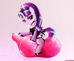 Size: 2998x2461 | Tagged: suggestive, artist:andaluce, artist:mizhisha, color edit, derpibooru import, edit, starlight glimmer, pony, unicorn, g4, balloon, balloon fetish, bedroom eyes, clothes, colored, commission, equal cutie mark, female, fetish, fishnet clothing, fishnets, garters, glossy, hoof shoes, horn, image, latex, latex dress, png, shiny, simple background, sitting, smiling, socks, solo, stockings, thigh highs, white background