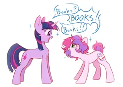 Size: 1480x1042 | Tagged: safe, artist:melodylibris, derpibooru import, twilight sparkle, oc, oc:melody (melodylibris), pony, unicorn, g4, book, bookhorse, dialogue, duo, duo female, female, horn, image, jpeg, looking at each other, looking at someone, mare, open mouth, open smile, simple background, smiling, smiling at each other, sparkles, speech bubble, that pony sure does love books, unicorn twilight, white background