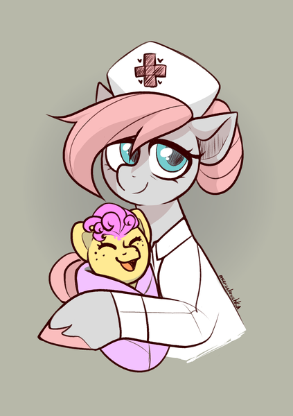 Size: 2039x2894 | Tagged: safe, artist:marsel1nushka, derpibooru import, li'l cheese, nurse redheart, earth pony, pony, g4, the last problem, baby, baby pony, duo, female, foal, image, mare, png, smiling, swaddled baby, tired, unshorn fetlocks