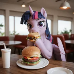 Size: 1024x1024 | Tagged: safe, ai content, anonymous prompter, derpibooru import, machine learning generated, twilight sparkle, twilight sparkle (alicorn), alicorn, pony, burger, cup, diner, eating, feathered wings, female, food, hamburger, image, looking at you, mare, partially open wings, plate, png, realistic, straw, table, that pony sure does love burgers, unshorn fetlocks, wings