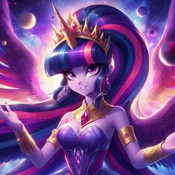 Size: 1024x1024 | Tagged: safe, ai content, derpibooru import, machine learning generated, prompter:mysticsunrise87, twilight sparkle, twilight sparkle (alicorn), alicorn, human, empress, generator:bing image creator, generator:dall-e 3, humanized, image, jpeg, ultimate twilight