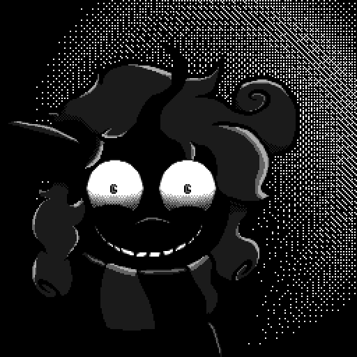 Size: 512x512 | Tagged: safe, artist:rosie_eclairs, artist:rosy_eclairs, derpibooru import, oc, oc:lavendersplatter, pony, unicorn, big smile, black and white, clothes, curved horn, digital art, evil grin, female, five nights at freddy's, grayscale, grin, horn, image, mare, monochrome, pixel art, png, scarf, scary face, smiling, unicorn oc