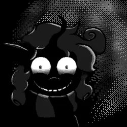 Size: 512x512 | Tagged: safe, artist:rosie_eclairs, artist:rosy_eclairs, derpibooru import, oc, oc:lavendersplatter, pony, unicorn, big smile, black and white, clothes, curved horn, digital art, evil grin, female, five nights at freddy's, grayscale, grin, horn, image, mare, monochrome, pixel art, png, scarf, scary face, smiling, unicorn oc