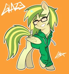 Size: 1080x1163 | Tagged: safe, artist:goldenage2049, derpibooru import, carrot top, golden harvest, oc, oc:wooden toaster, unofficial characters only, earth pony, pegasus, pony, g4, clothes, eyes closed, female, glasses, hoodie, image, jewelry, mare, necklace, orange background, pegasus oc, png, simple background, smiling, solo, wings