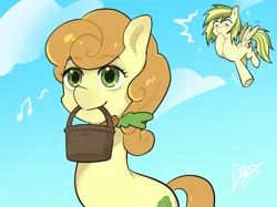 Size: 2732x2048 | Tagged: safe, artist:goldenage2049, derpibooru import, carrot top, golden harvest, oc, oc:wooden toaster, earth pony, pegasus, pony, g4, basket, cloud, duo, duo female, emanata, female, image, mare, mouth hold, music notes, pegasus oc, png, sky, spread wings, wings