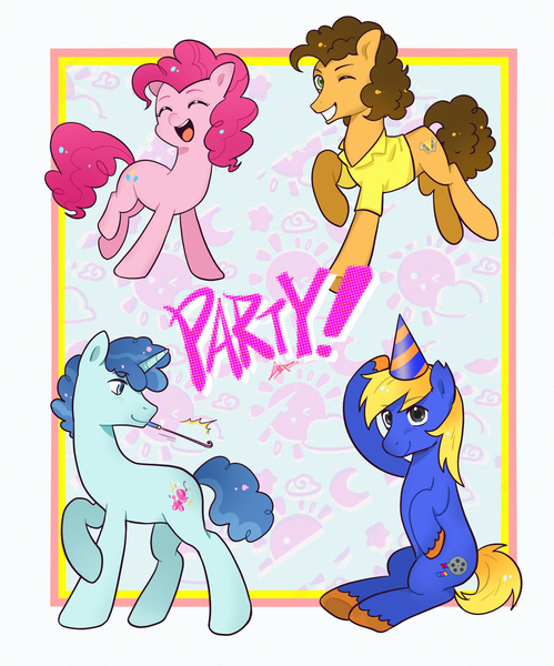 Size: 2897x3483 | Tagged: safe, artist:goldenage2049, derpibooru import, cheese sandwich, party favor, pinkie pie, oc, oc:bronydanceparty, earth pony, pony, unicorn, g4, earth pony oc, emanata, eyes closed, female, hat, horn, image, looking at you, male, mare, one eye closed, party hat, party horn, png, smiling, stallion, wink