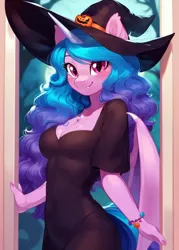 Size: 666x932 | Tagged: safe, ai content, derpibooru import, machine learning generated, stable diffusion, izzy moonbow, alicorn, anthro, bat pony, bat pony alicorn, hybrid, g5, bat ponified, bat wings, clothes, costume, generator:pony diffusion v6 xl, halloween, halloween costume, hat, holiday, horn, image, izzy moonbat, png, race swap, solo, wings, witch hat