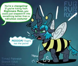 Size: 1000x850 | Tagged: safe, artist:furufoo, derpibooru import, queen chrysalis, oc, oc:changeling filly anon, unofficial characters only, bee, changeling, insect, g4, animal costume, bee costume, blue background, clothes, costume, dialogue, female, filly, gradient background, halloween, holiday, image, offscreen character, png, quadrupedal, signature, simple background, solo, stomping