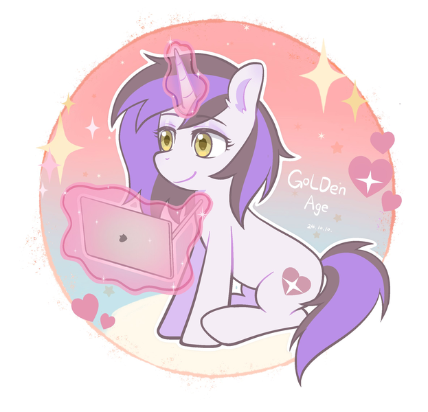 Size: 2367x2278 | Tagged: safe, artist:goldenage2049, derpibooru import, oc, oc:golden age, unofficial characters only, pony, unicorn, circle background, drawing tablet, female, heart, horn, image, mare, png, simple background, sitting, smiling, solo, sparkles, stylus, tablet, white background