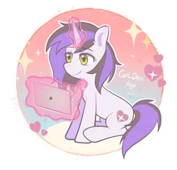 Size: 2367x2278 | Tagged: safe, artist:goldenage2049, derpibooru import, oc, oc:golden age, unofficial characters only, pony, unicorn, circle background, drawing tablet, female, heart, horn, image, mare, png, simple background, sitting, smiling, solo, sparkles, stylus, tablet, white background