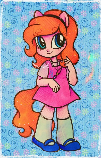 Size: 2077x3249 | Tagged: safe, artist:dariarchangel, derpibooru import, oc, oc:dazha, unofficial characters only, human, equestria girls, g4, abstract background, adorable face, big eyes, blue eyes, chubby, clothes, cute, cute face, cute smile, cutie mark, cutie mark on clothes, dress, equestria girls oc, equestria girls-ified oc, eyebrows, eyebrows visible through hair, female, female oc, hairband, image, jewelry, jpeg, little girl, long socks, necklace, ocbetes, orange hair, patterned background, pendant, pink dress, pink skin, ponied up, pony ears, shirt, shoes, shortie, smiling, smol, socks, solo, standing, t-shirt, thick eyebrows, traditional art