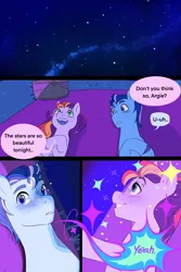 Size: 1572x2357 | Tagged: safe, artist:aztrial, derpibooru import, earth pony, pony, g5, argyle starshine, comic, duo, duo male and female, female, grin, image, lying down, male, mare, on back, open mouth, open smile, png, shipping, smiling, sparkles, stallion, stargazing, starry eyes, starry night, stars, straight, unitober 2024, velvet starscout, wingding eyes, younger