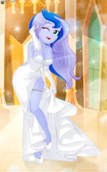 Size: 829x1332 | Tagged: suggestive, artist:charliexe, derpibooru import, princess luna, equestria girls, g4, breasts, bride, clothes, cute, dress, evening gloves, eyeshadow, female, garter, gloves, high heels, image, jewelry, jpeg, lipstick, long gloves, lunabetes, makeup, marriage, necklace, one eye closed, open mouth, shoes, solo, solo female, vice principal luna, wedding, wedding dress, wink