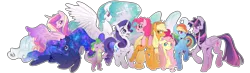 Size: 3712x1080 | Tagged: safe, artist:kag-bag, derpibooru import, applejack, fluttershy, pinkie pie, princess cadance, princess celestia, princess luna, rainbow dash, rarity, spike, twilight sparkle, twilight sparkle (alicorn), alicorn, dragon, earth pony, pegasus, pony, unicorn, g4, female, hat, horn, image, mane seven, mane six, mare, open mouth, outline, png, simple background, white background