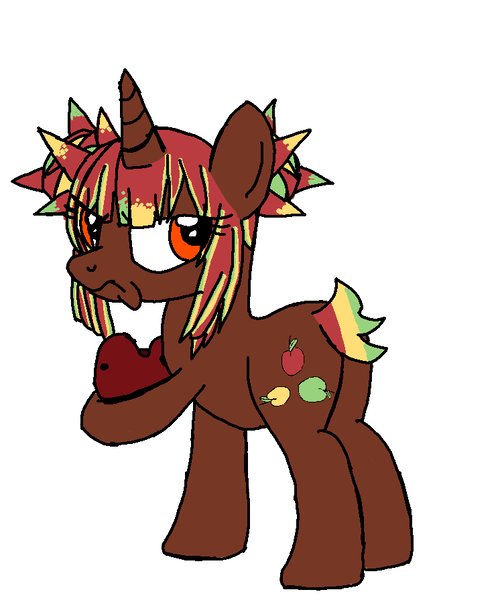 Size: 746x896 | Tagged: safe, artist:maremaxxer, ponerpics import, oc, oc:pomm, unofficial characters only, pony, unicorn, apple, base used, brown coat, brown fur, buns, female, food, frown, green mane, holding something, image, mare, photo, png, red mane, side eye, simple background, solo, tied mane, tricolor mane, yellow mane